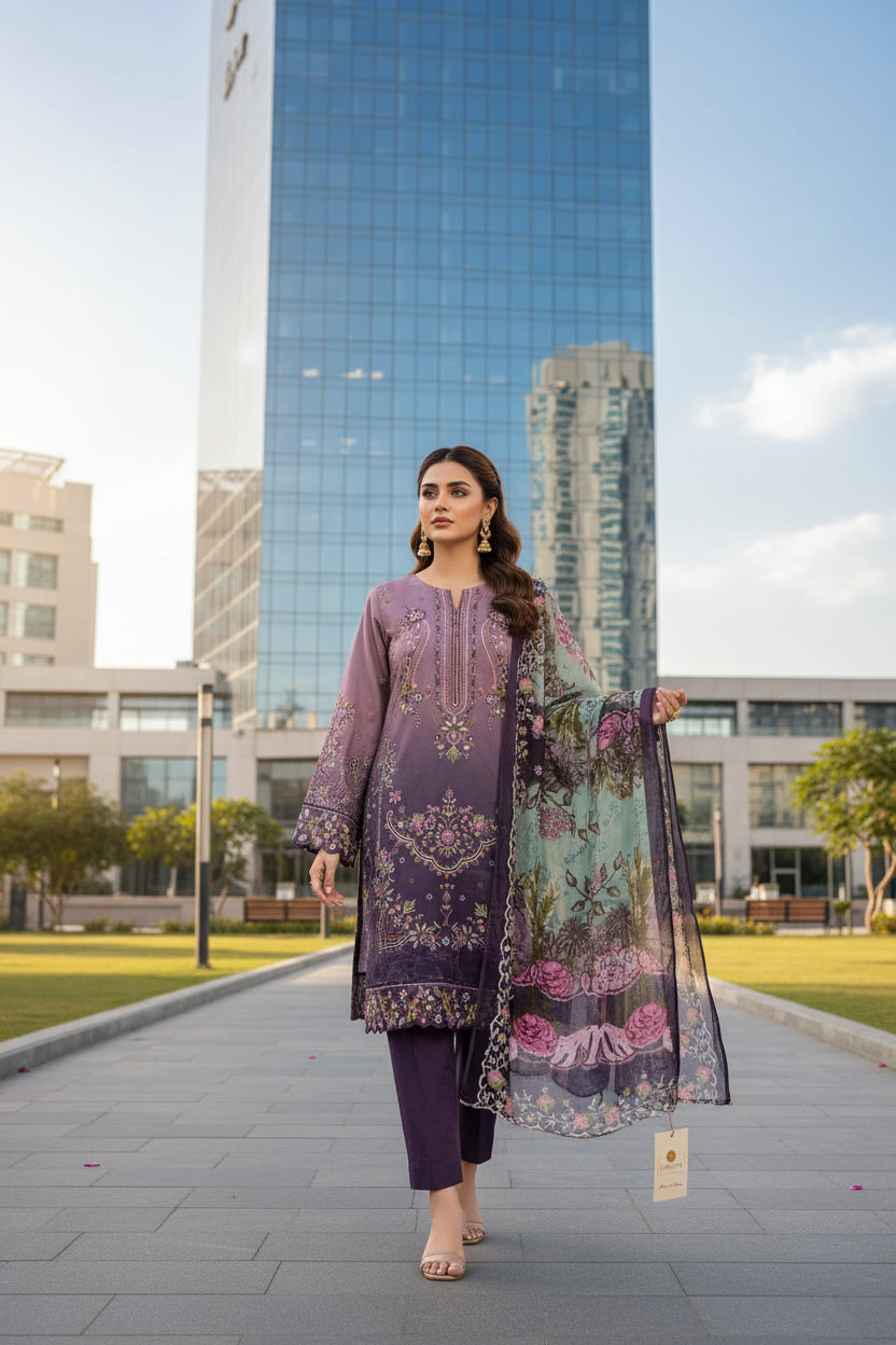 A woman models a purple traditional South Asian salwar kameez suit with floral embroidery and a matching printed dupatta, walking on a paved path in front of a modern glass building.