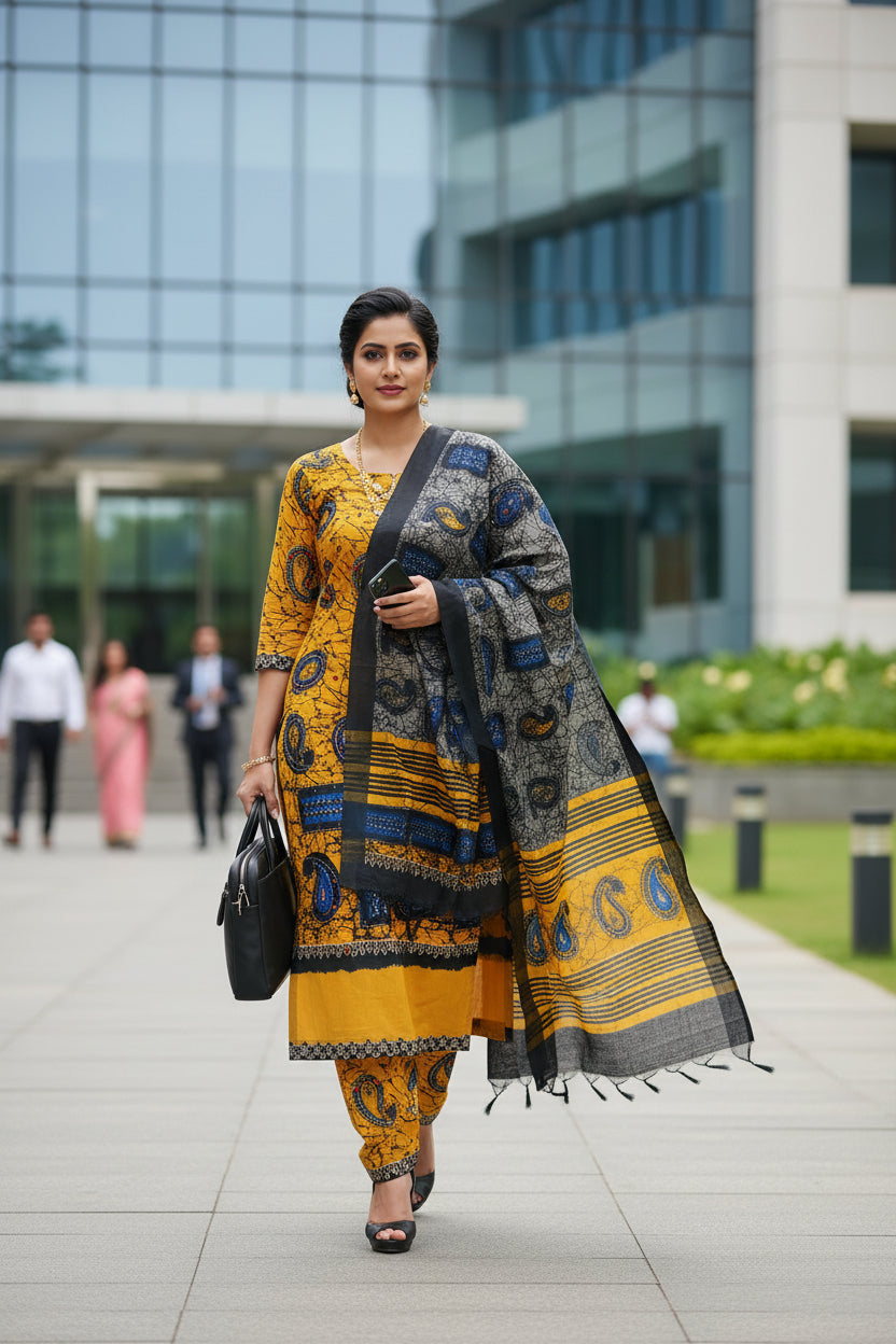 Mustard Yellow & Black Print Unstitched Cotton Suit