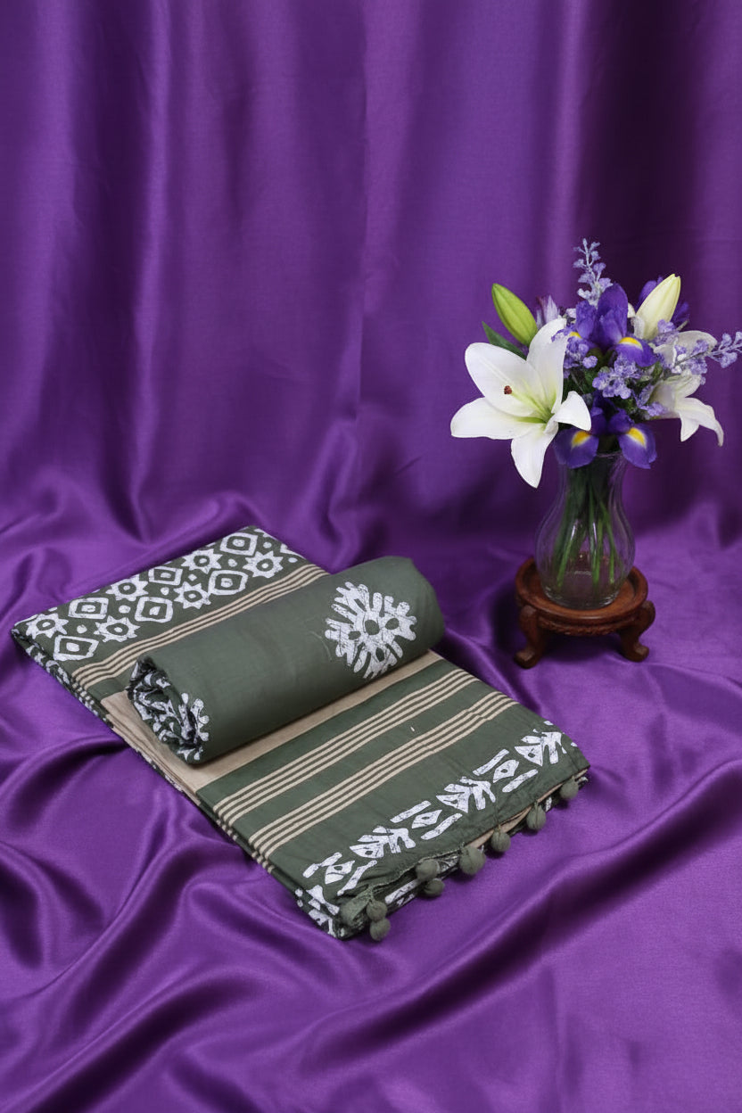 Olive & Beige Striped Block Print Cotton unstitched suit