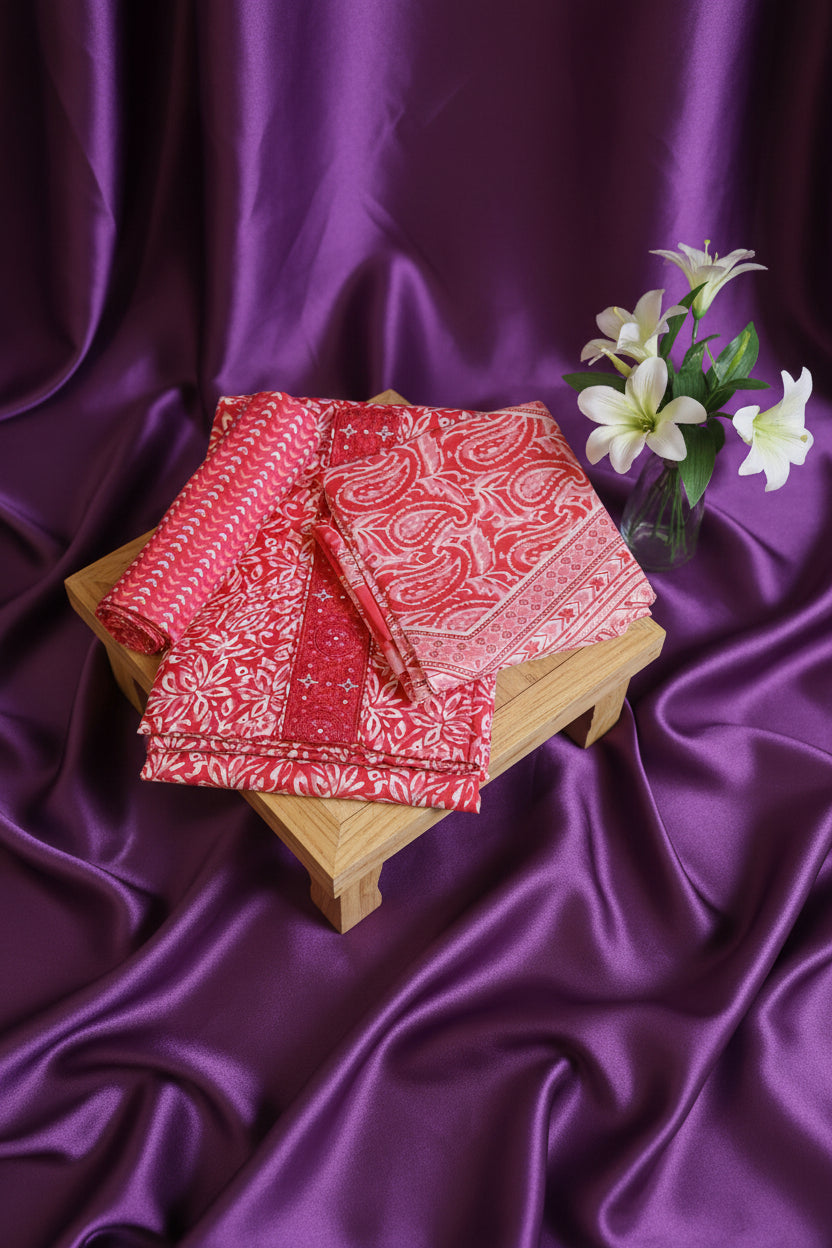 Red & Pink unstitches suit with long strip embroider design