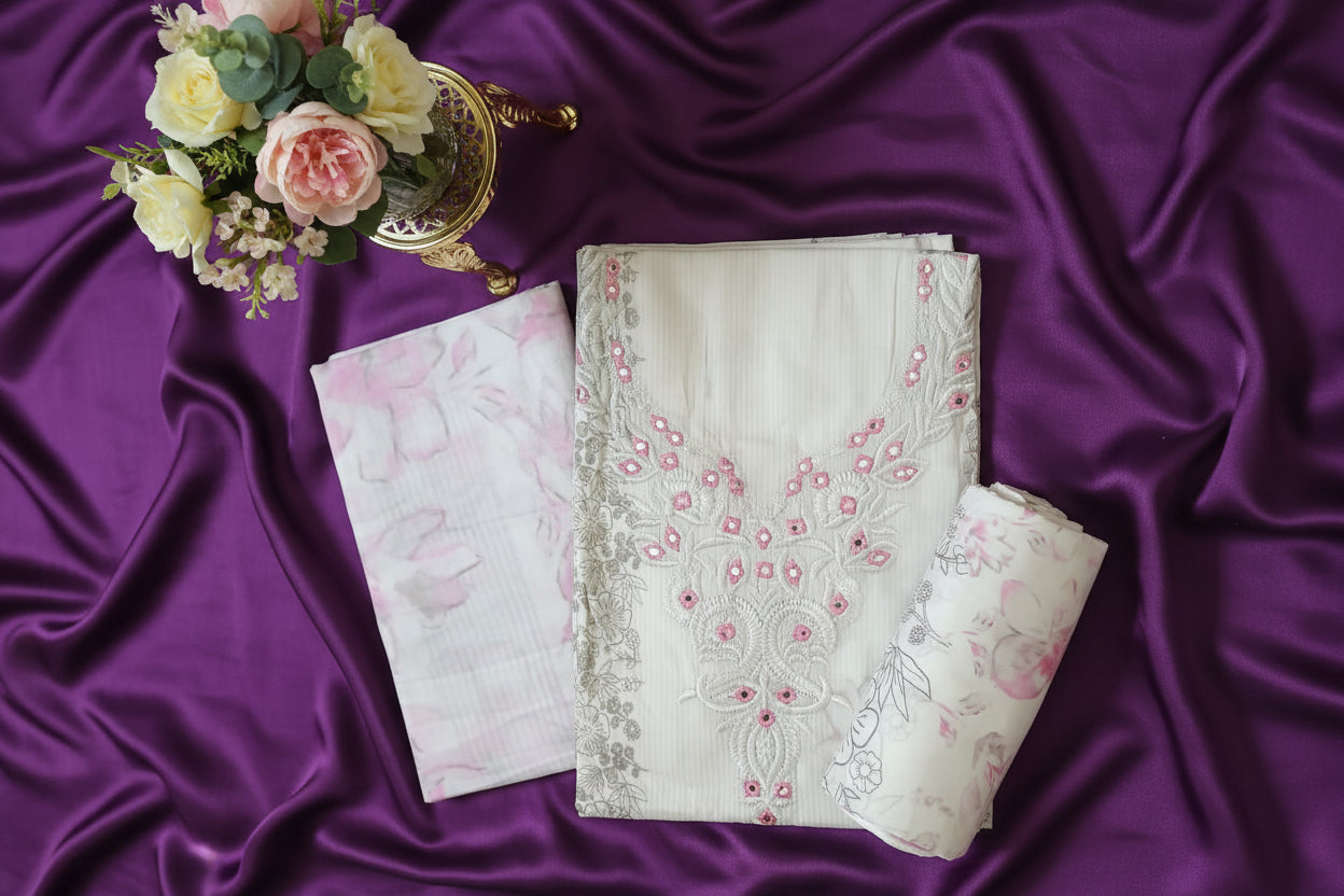 Off-White Ethnic Salwar Suit Set with Pink Floral Prints & Silver Embroidery