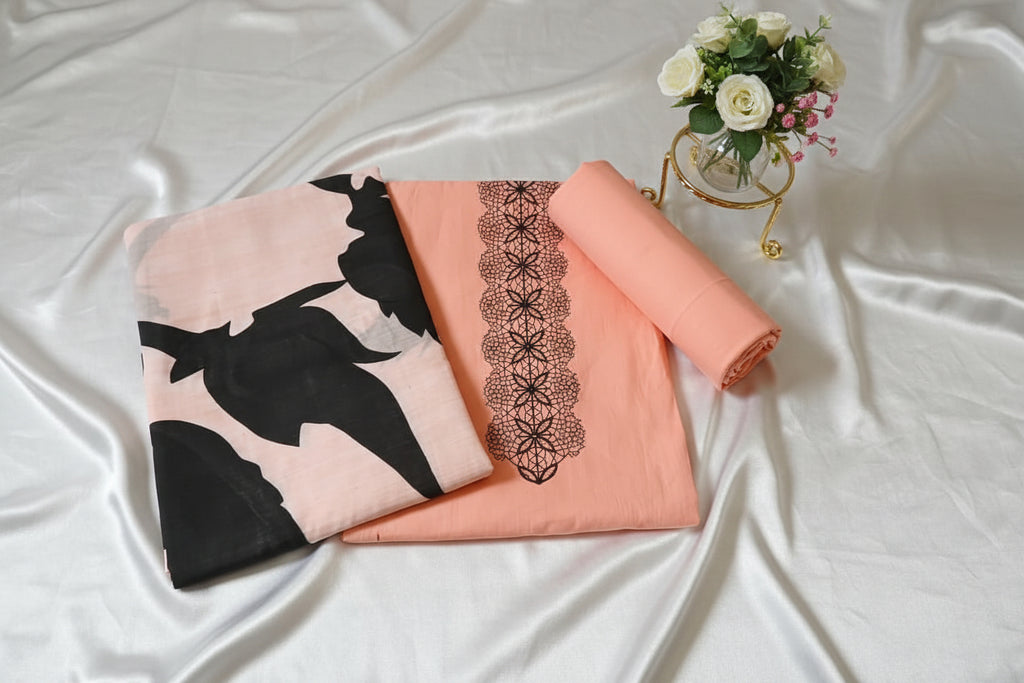 Peach Fabric Set with Black Printed Motifs & Lace Trim