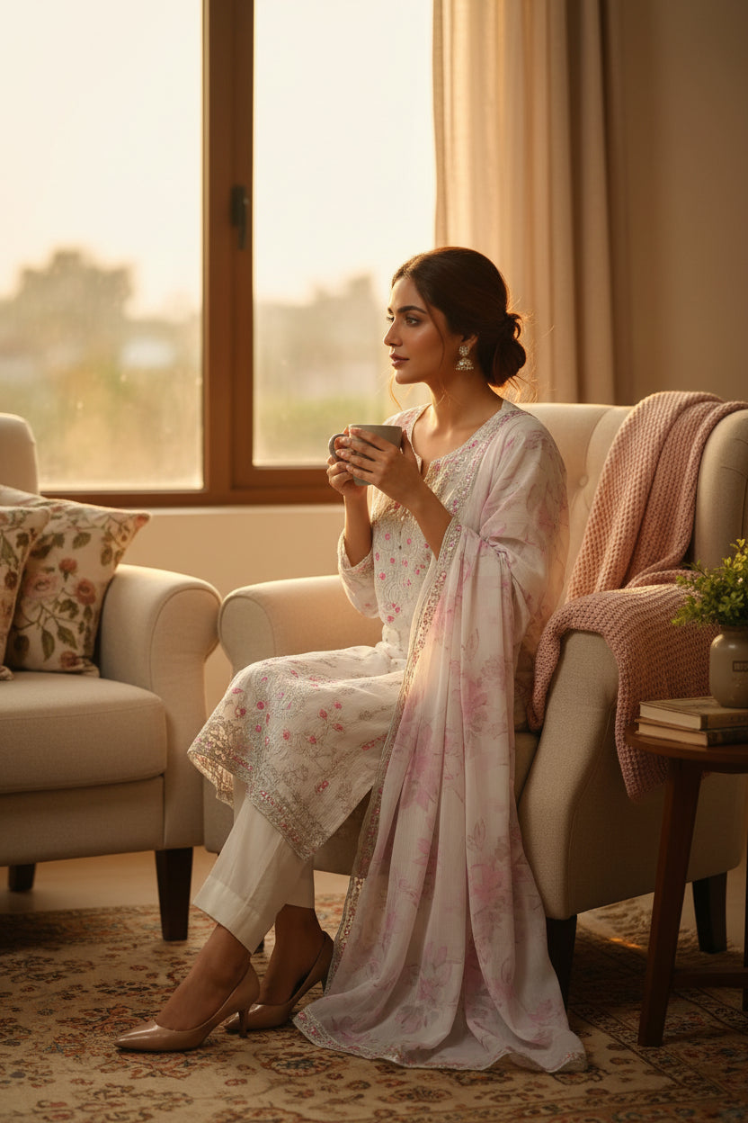 Off-White Ethnic Salwar Suit Set with Pink Floral Prints & Silver Embroidery