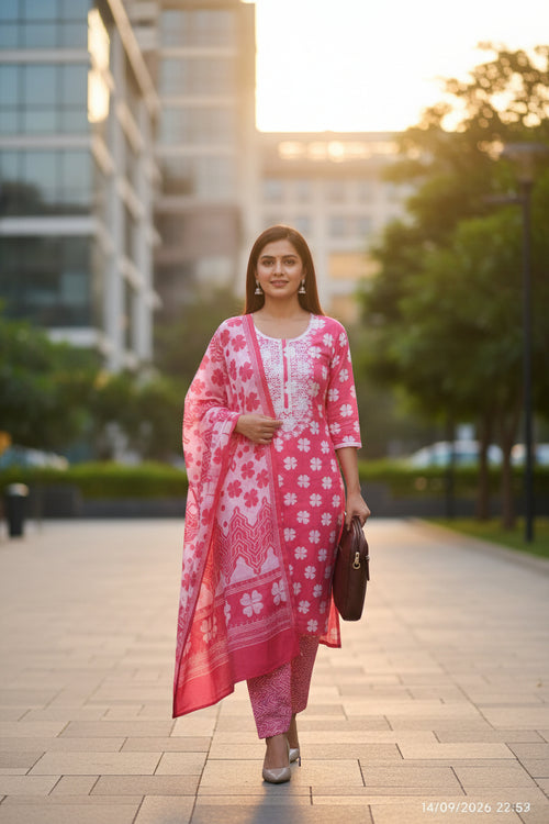 Cotton dress with white embroidered neckline design.