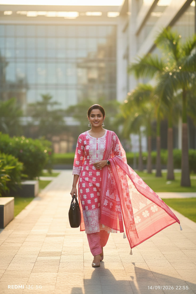 Cotton dress with white embroidered neckline design.