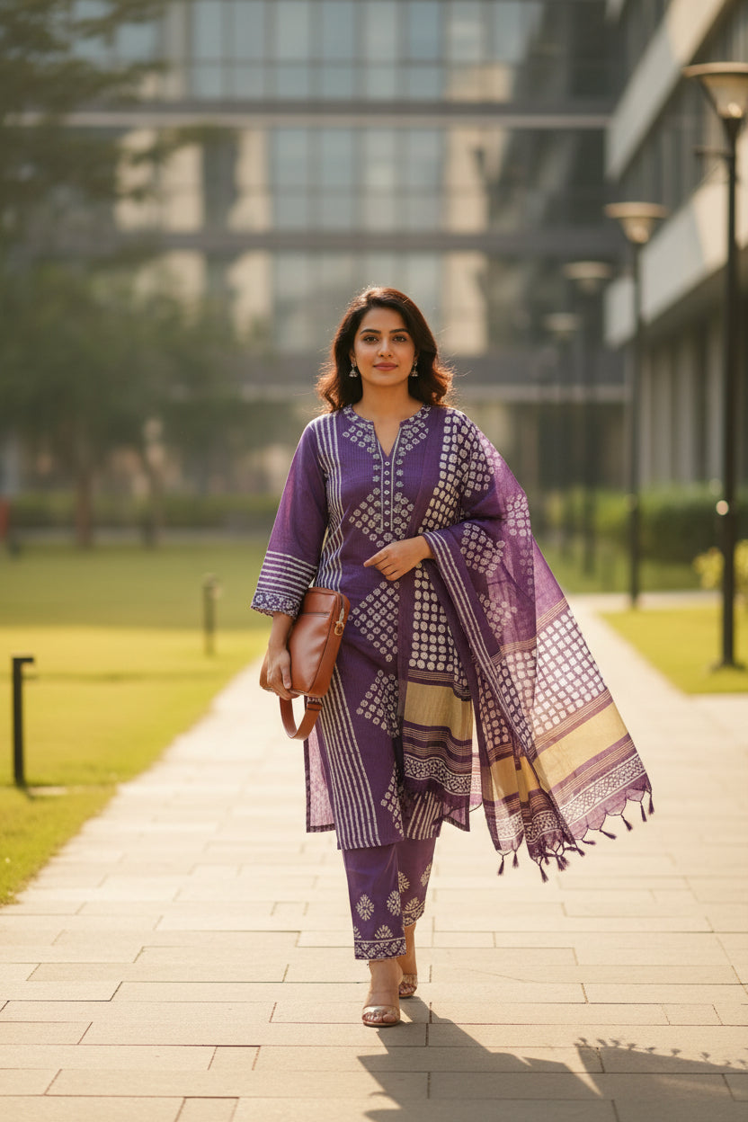 Purple and white printed cotton fabric