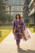 Purple and white printed cotton fabric