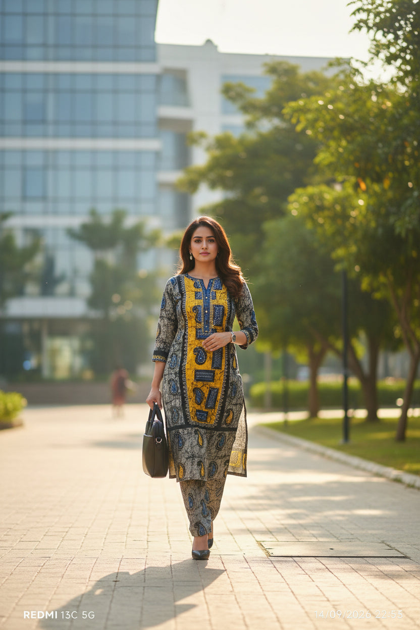 Cotton unstitched yellow suit with a black and blue graphic print.