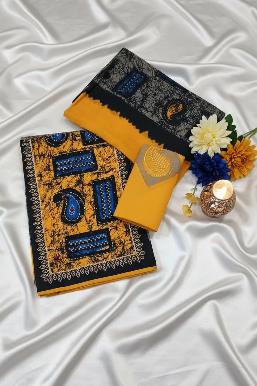 Mustard Yellow & Black Print Unstitched Cotton Suit