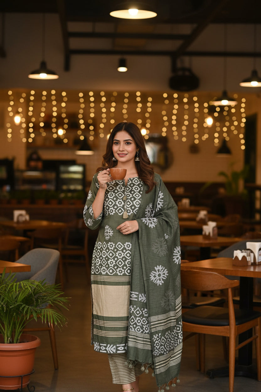 Olive & Beige Striped Block Print Cotton unstitched suit