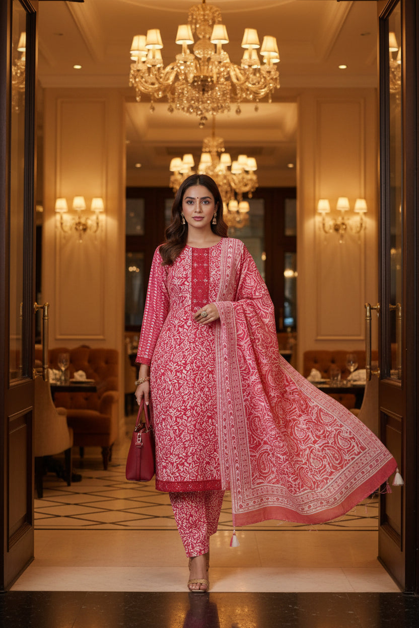 Red & Pink unstitches suit with long strip embroider design