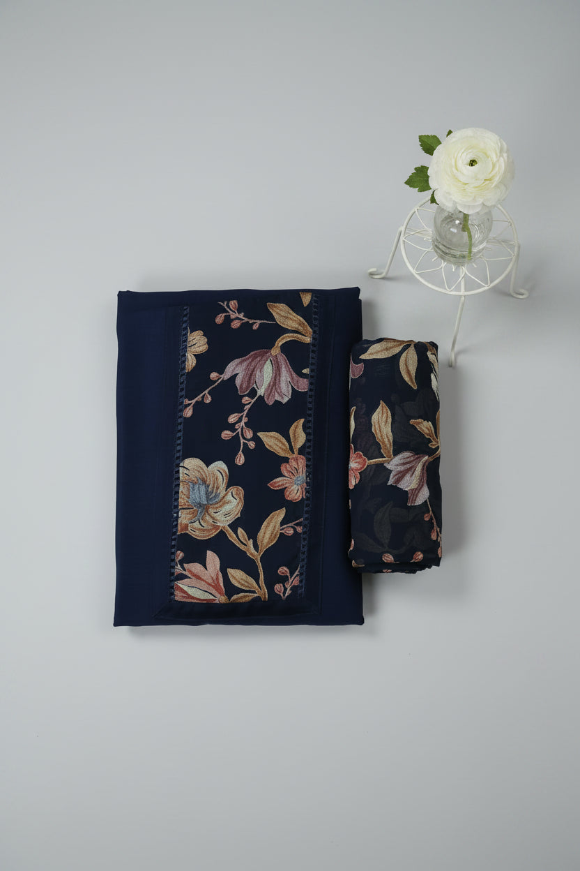 Navy Blue Floral Print Kurta with Contrast Panel