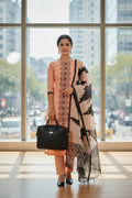 Peach Fabric Set with Black Printed Motifs & Lace Trim