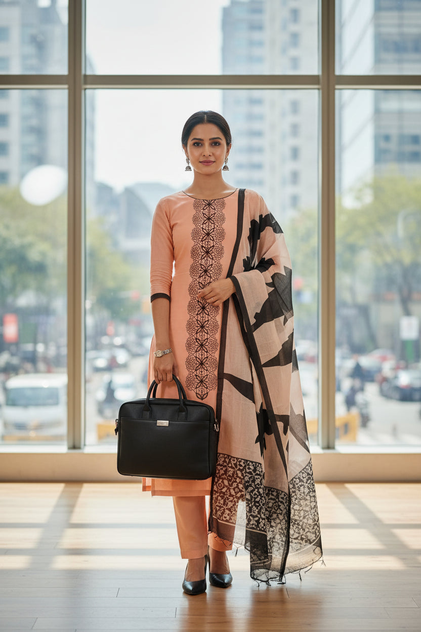 Peach Fabric Set with Black Printed Motifs & Lace Trim