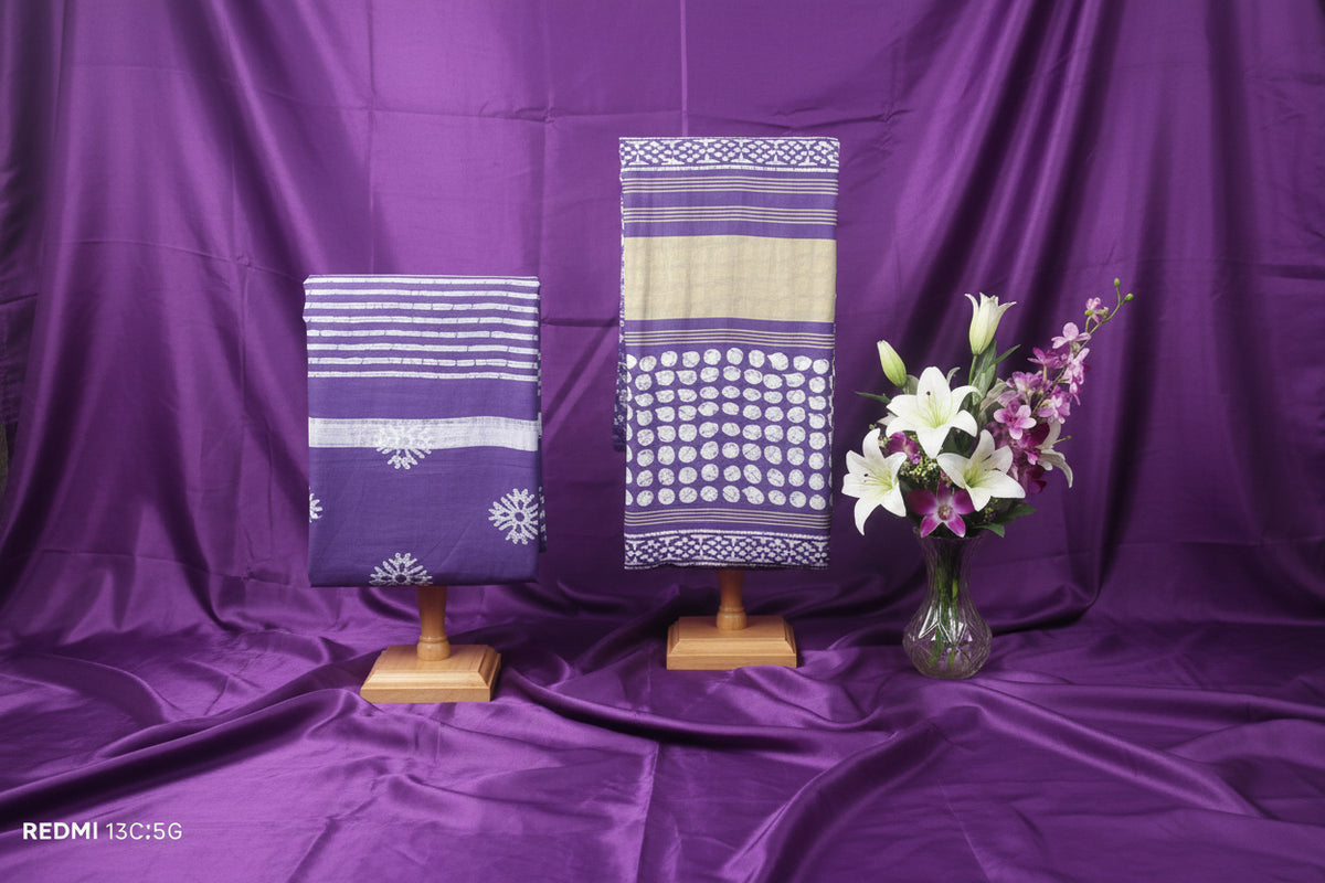 Purple and white printed cotton fabric