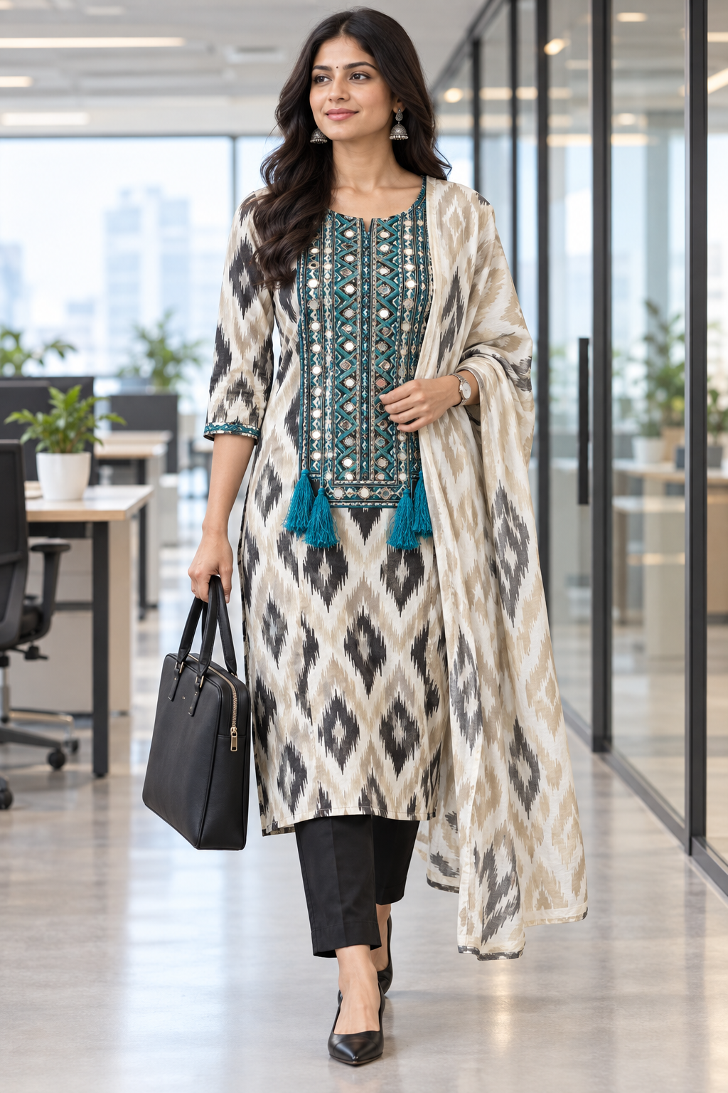 Model wearing the referenced outfit and carrying a laptop bag while walking through a modern office